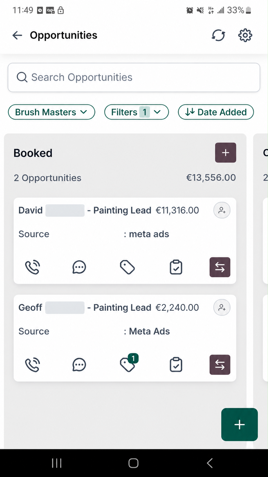 Booked pipeline stage: 2 opportunities, €13,556