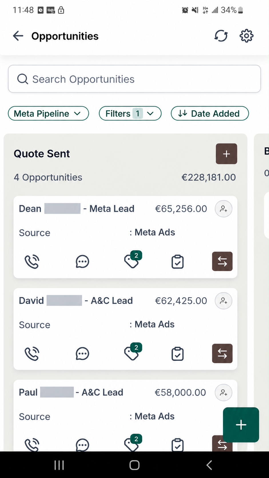 Quote Sent pipeline stage: 4 opportunities, €228,181